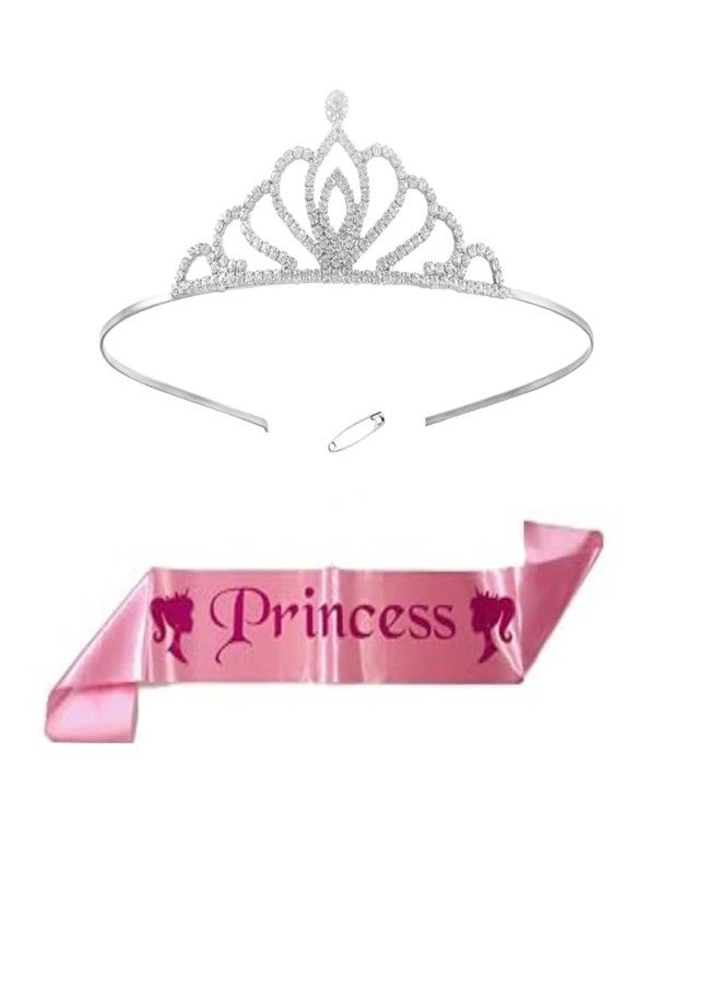 Decofy Princess Sash & Crown Set for Girls | Pink Satin Birthday Sash with Silver Rhinestone Tiara | Dress-Up, Pageants, Parties & Special Events - Image 1