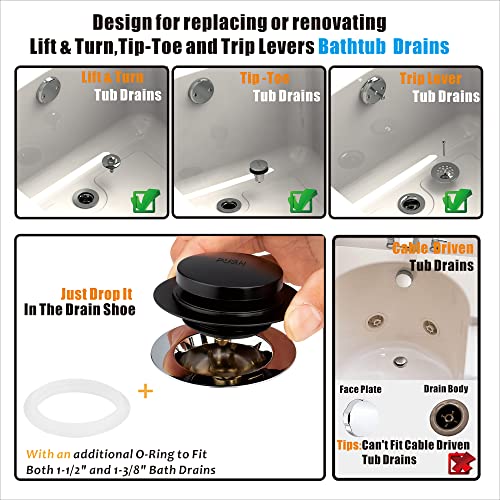 Artiwell Universal Tip Toe Bath Drain Stopper and Cover, Bathtub Drain Stopper, Replaces Lift and Turn, Tip-Toe and Trip Lever drains for Tub, EZ Installation and Clearing (MATT Black) - Image 3