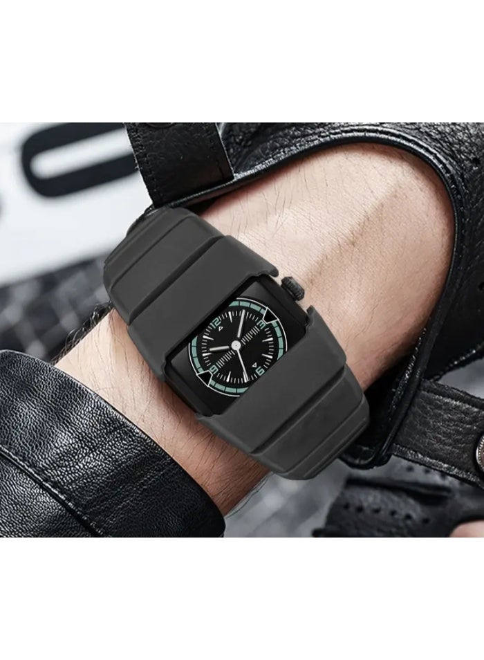 ساعة يد أنالوج أنيقة للرجال بتصميم مربع فريد وسوار أسود متين - Image 3