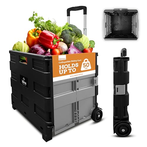 Inspired Living Inspired Living UltraSlim Rolling Collapsible Storage PackNRoll Utilitycarts with Telescopic Handle for Home Garden Shopping Office School use Medium Grey  Black 