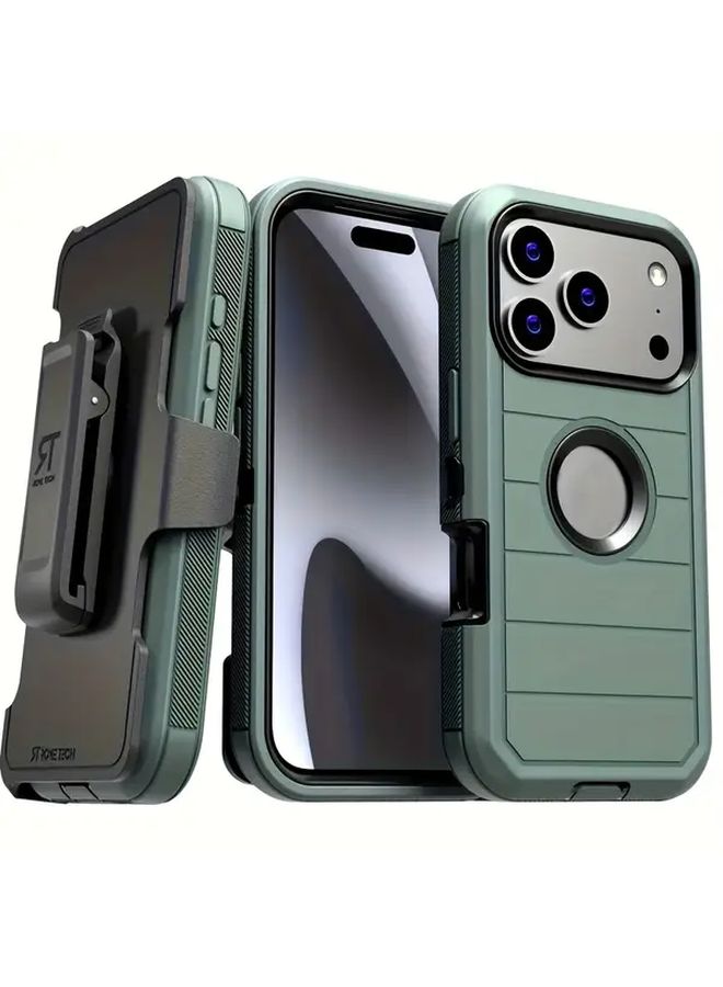 Dark Green Rugged Phone Case with Belt Clip Stand for iPhone 17 Pro Dual Layer Shockproof - Image 1