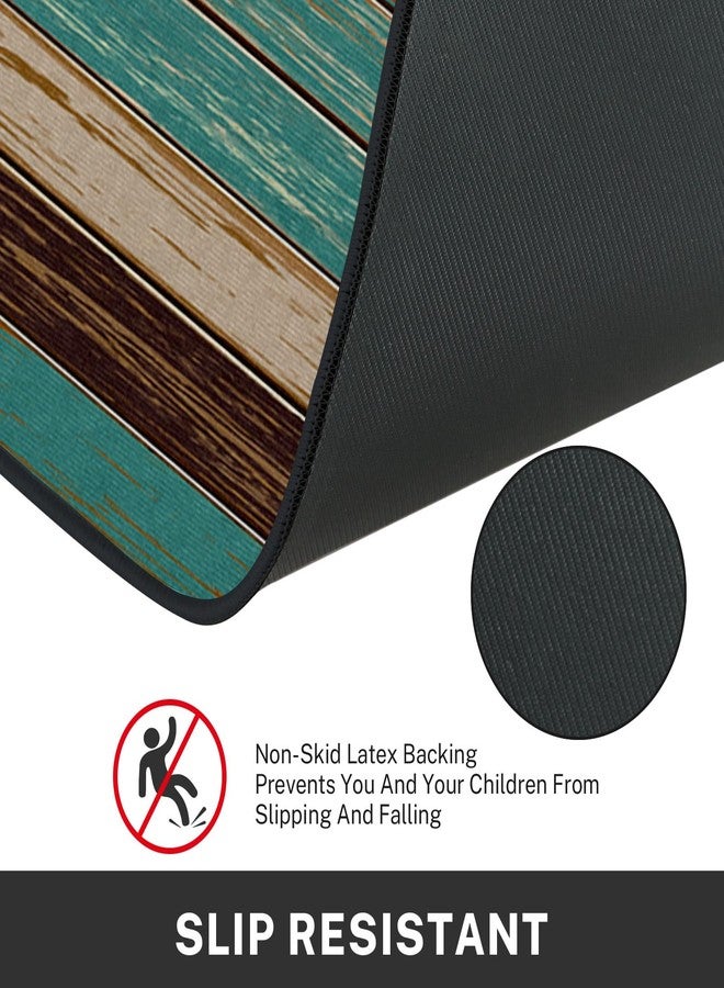 Tayney Rustic Kitchen Rugs and Mats Non Skid Washable Set of 2, Teal Country Wood Board Mats for Floor, Turquoise Brown Stripes Runner Rug Wooden Plank Texture Kitchen Decor - Image 5