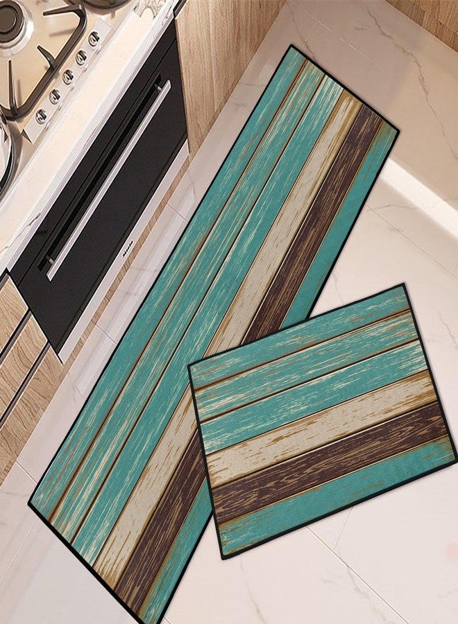 Tayney Rustic Kitchen Rugs and Mats Non Skid Washable Set of 2, Teal Country Wood Board Mats for Floor, Turquoise Brown Stripes Runner Rug Wooden Plank Texture Kitchen Decor - Image 1