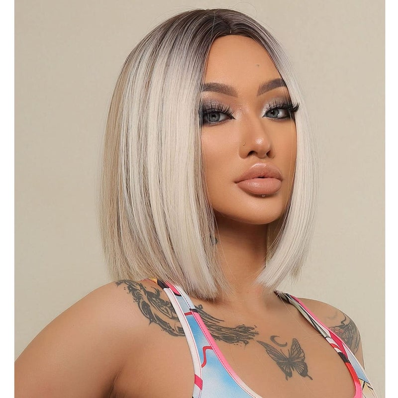 BERON 12 Inches Blonde Wig Short Straight Wig Ombre Blonde Bob Wigs Middle Part Blonde Bob Wigs Hairnet Included