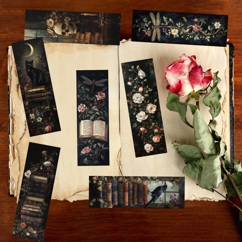Wxiben Dark Academia Bookmarks for Women - 100 Pcs Gothic Flower Book Mark Retro Aesthetic Bookmark Skull Dragonfly Plants Page Marker Clip Gift for Book Lovers Students Teachers Bookish Reading - Image 5