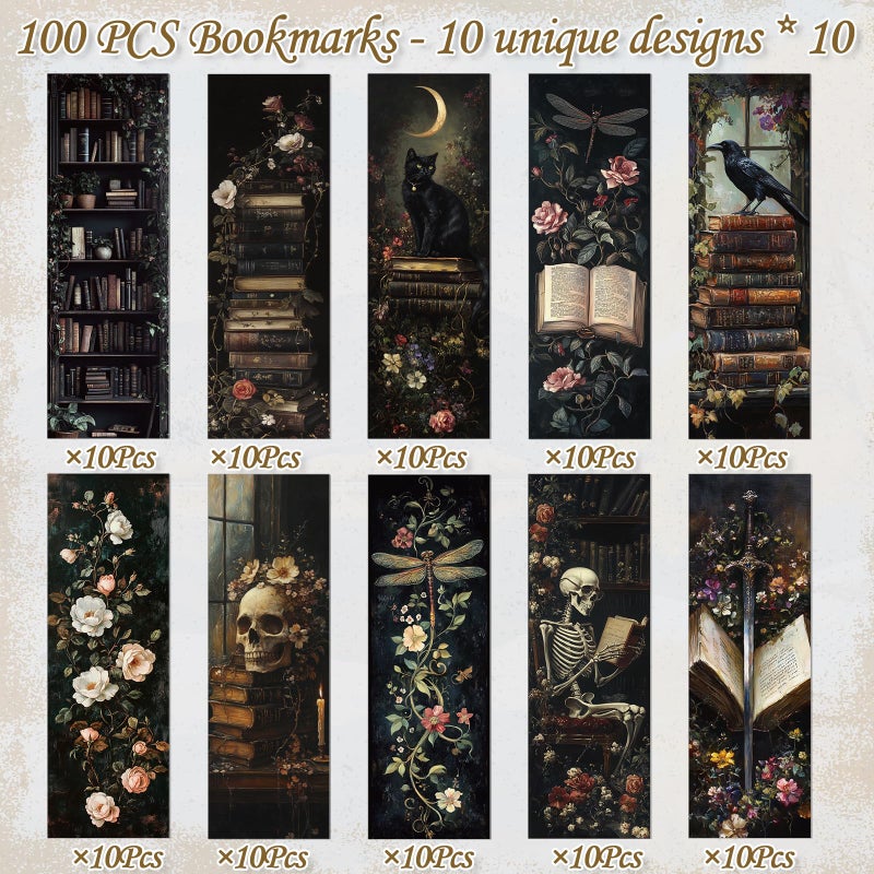 Wxiben Dark Academia Bookmarks for Women - 100 Pcs Gothic Flower Book Mark Retro Aesthetic Bookmark Skull Dragonfly Plants Page Marker Clip Gift for Book Lovers Students Teachers Bookish Reading - Image 3
