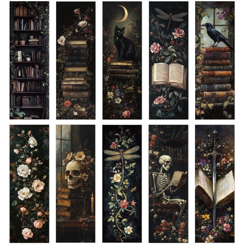 Wxiben Dark Academia Bookmarks for Women - 100 Pcs Gothic Flower Book Mark Retro Aesthetic Bookmark Skull Dragonfly Plants Page Marker Clip Gift for Book Lovers Students Teachers Bookish Reading - Image 1