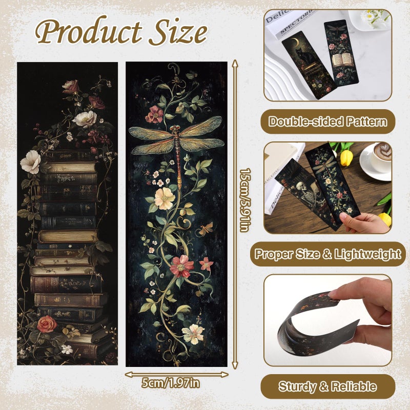 Wxiben Dark Academia Bookmarks for Women - 100 Pcs Gothic Flower Book Mark Retro Aesthetic Bookmark Skull Dragonfly Plants Page Marker Clip Gift for Book Lovers Students Teachers Bookish Reading - Image 2