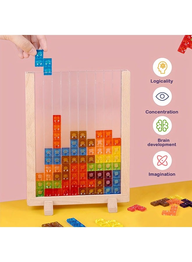 Wooden Blocks Puzzle Brain Teasers Toy, Intelligent Colorful 3D Plastic Blocks Game with Vertical Wood Frame Game Board, Tangram Educational Montessori Toys Gift for Kids Age 4-8 Years Old - Image 1