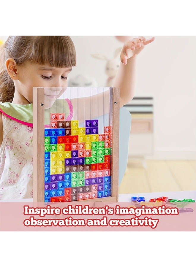 Wooden Blocks Puzzle Brain Teasers Toy, Intelligent Colorful 3D Plastic Blocks Game with Vertical Wood Frame Game Board, Tangram Educational Montessori Toys Gift for Kids Age 4-8 Years Old - Image 3