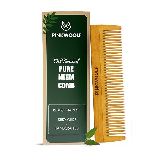 Pink Woolf Neem Wooden Comb for Men | Anti-Static, Wide Tooth Hair Comb for Hair Growth & Beard Grooming | Handcrafted Katchhi Neem Wood Comb for Natural Scalp Care, Smooth Styling & Daily Haircare (DUAL TEETH) - Image 1