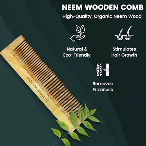 Pink Woolf Neem Wooden Comb for Men | Anti-Static, Wide Tooth Hair Comb for Hair Growth & Beard Grooming | Handcrafted Katchhi Neem Wood Comb for Natural Scalp Care, Smooth Styling & Daily Haircare (DUAL TEETH) - Image 3