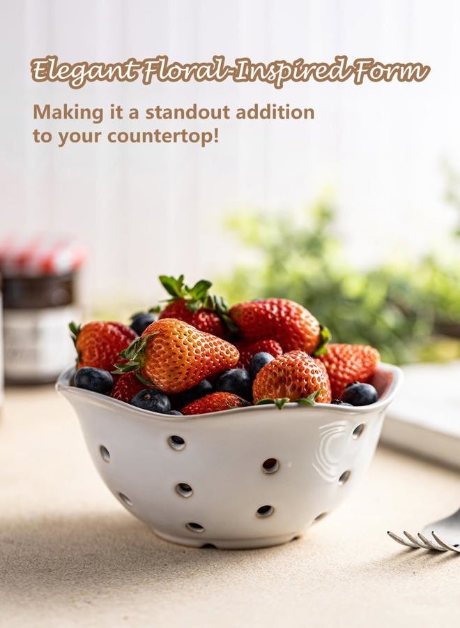 Gomakren Ceramic Berry Basket Set of 2, Elegant Fruit Basket Container 6 Inch, Fruit Bowl with Holes for Kitchen Counter, Berries, Strawberry, Grape, Cherry, Floral Shape - White - Image 5