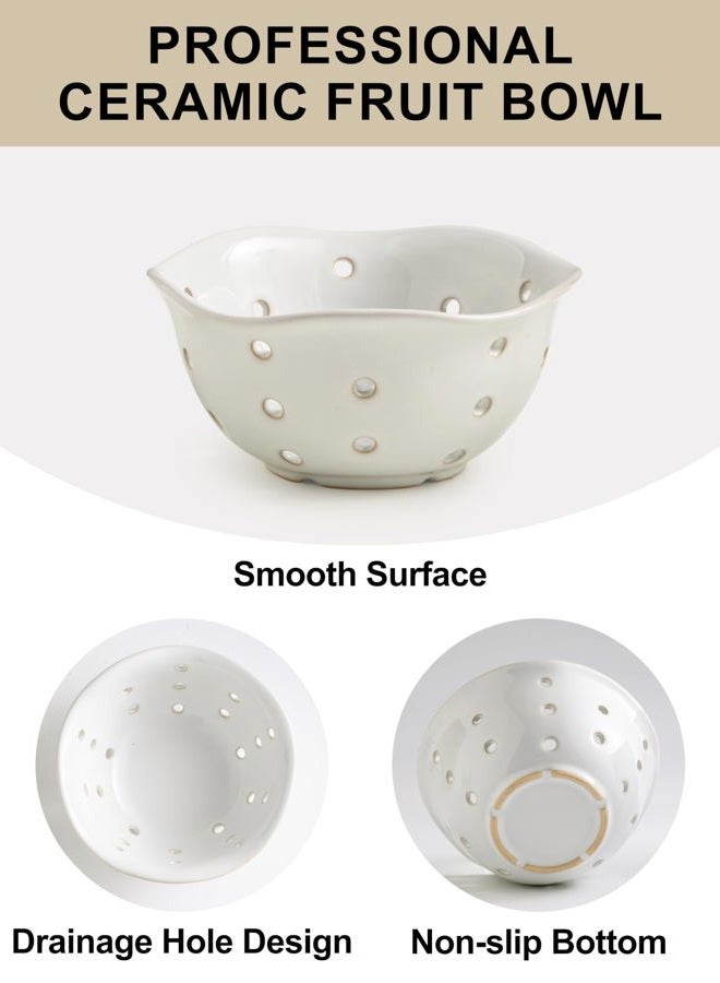 Gomakren Ceramic Berry Basket Set of 2, Elegant Fruit Basket Container 6 Inch, Fruit Bowl with Holes for Kitchen Counter, Berries, Strawberry, Grape, Cherry, Floral Shape - White - Image 3