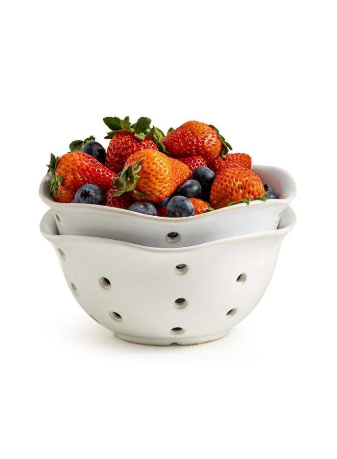 Gomakren Ceramic Berry Basket Set of 2, Elegant Fruit Basket Container 6 Inch, Fruit Bowl with Holes for Kitchen Counter, Berries, Strawberry, Grape, Cherry, Floral Shape - White - Image 1