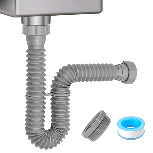 Cinsda 1-1/2" & 1-1/4" P-trap with Adapter, Flexible Sink Drain Pipe, Adjustable P Trap for Bathroom Sink Drain Kit, Kitchen Garbage Disposal, Gray - Image 1