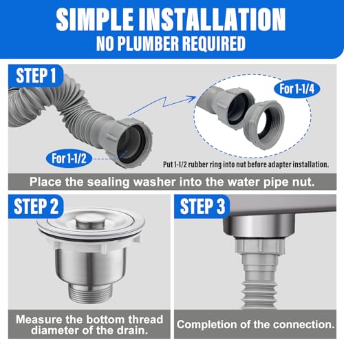 Cinsda 1-1/2" & 1-1/4" P-trap with Adapter, Flexible Sink Drain Pipe, Adjustable P Trap for Bathroom Sink Drain Kit, Kitchen Garbage Disposal, Gray - Image 3