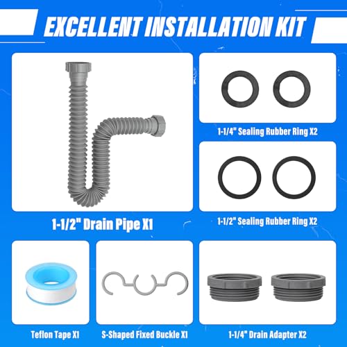 Cinsda 1-1/2" & 1-1/4" P-trap with Adapter, Flexible Sink Drain Pipe, Adjustable P Trap for Bathroom Sink Drain Kit, Kitchen Garbage Disposal, Gray - Image 5