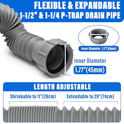 Cinsda 1-1/2" & 1-1/4" P-trap with Adapter, Flexible Sink Drain Pipe, Adjustable P Trap for Bathroom Sink Drain Kit, Kitchen Garbage Disposal, Gray - Image 2