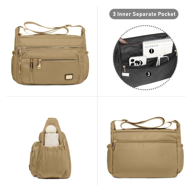 NPBAG Crossbody Bag for Women, Nylon Shoulder Purse Handbag Messenger Bag, Trendy Pocketbooks, Waterproof and Multi-Pockets (Khaki) - Image 3