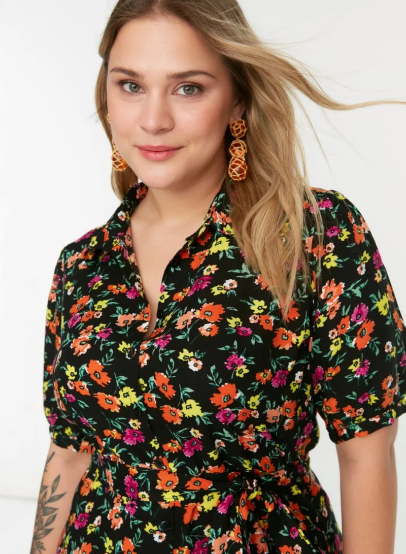 Trendyol Curve Puff Sleeve Floral Print Dress