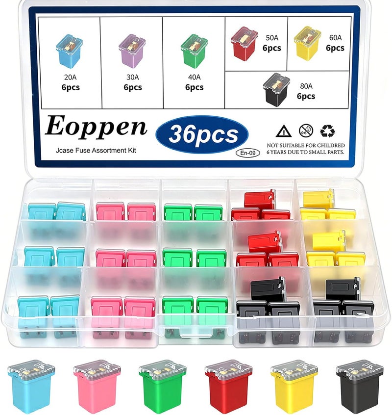 Eoppen 36Pcs Jcase Fuse Car Fuses Assortment Kit Automotive Low Profile Box Shaped Micro Cartridge Fuses for Trucks Cars and SUVs (20A, 30A, 40A, 50A, 60A, 80A) - Image 1