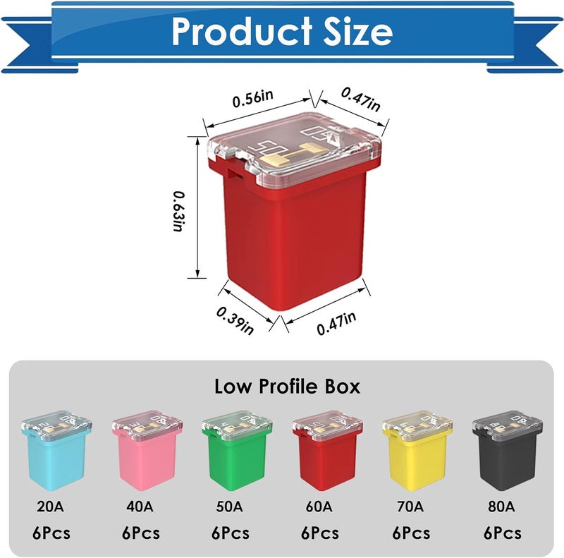 Eoppen 36Pcs Jcase Fuse Car Fuses Assortment Kit Automotive Low Profile Box Shaped Micro Cartridge Fuses for Trucks Cars and SUVs (20A, 30A, 40A, 50A, 60A, 80A) - Image 2