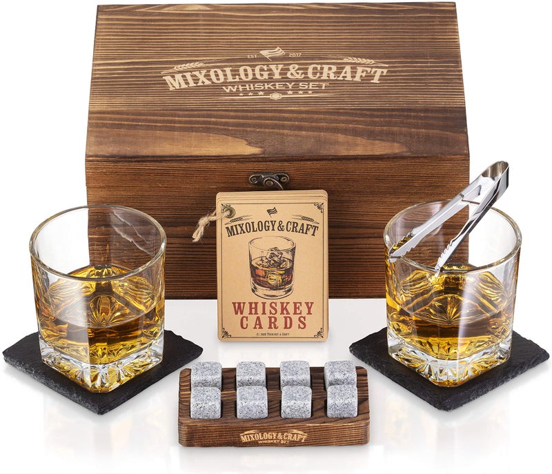 Mixology & Craft Mixology  Craft Whiskey Stones Gift Set for Men 10 oz Whiskey Glasses w 8 Granite Chilling Rocks 2 Coasters Metal Tong  Cocktail Cards in Wooden Box  Square Pack of 2 