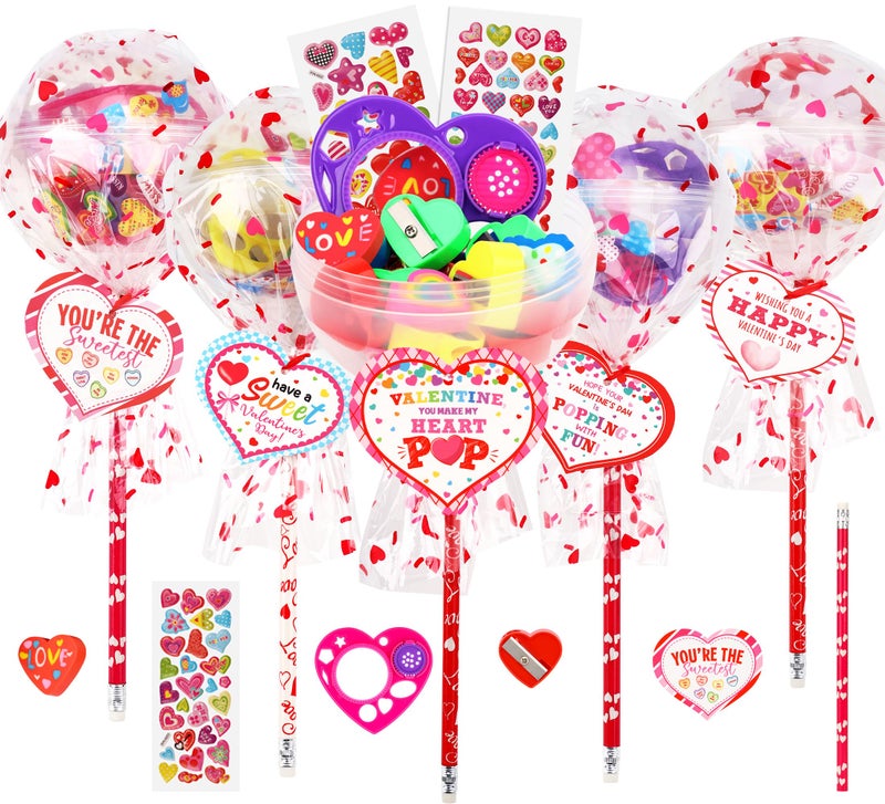 POPGIFTU Valentine Classroom Exchange Gifts for Kids 28 Pack LollipopShaped Stationery with Cards Pencils Erasers Rulers Stickers for Boys and Girls Party Favors for School - Image 3