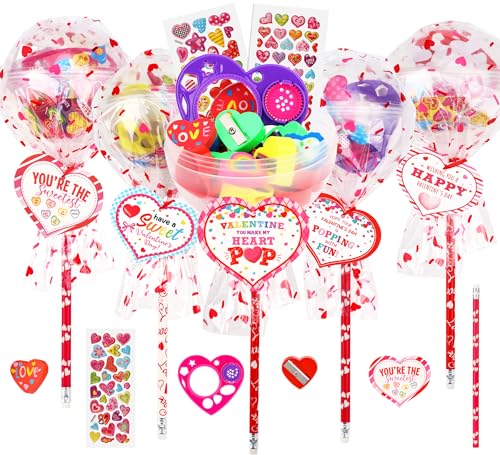 POPGIFTU Valentine Classroom Exchange Gifts for Kids 28 Pack LollipopShaped Stationery with Cards Pencils Erasers Rulers Stickers for Boys and Girls Party Favors for School - Image 1