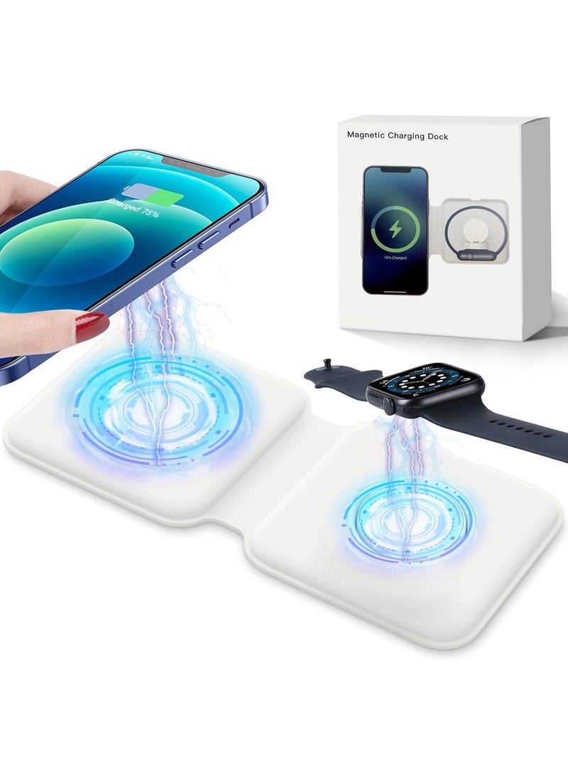 2 in 1 Wireless Charger – 15W Fast Magnetic Charging Pad, Foldable Dual Wireless Charging Station for iPhone, AirPods, Qi-Enabled Devices, Portable PU Leather Charging Dock for Travel & Home - Image 1