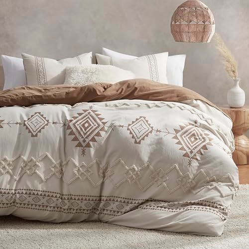Oli Anderson Boho Duvet Cover Set Queen Size, Beige and Terracotta Color Clash 3 Pieces Microfiber Bedding Set, Durable and Super Soft Duvet Covers with Zipper and Ties, 90"*90" - Image 1