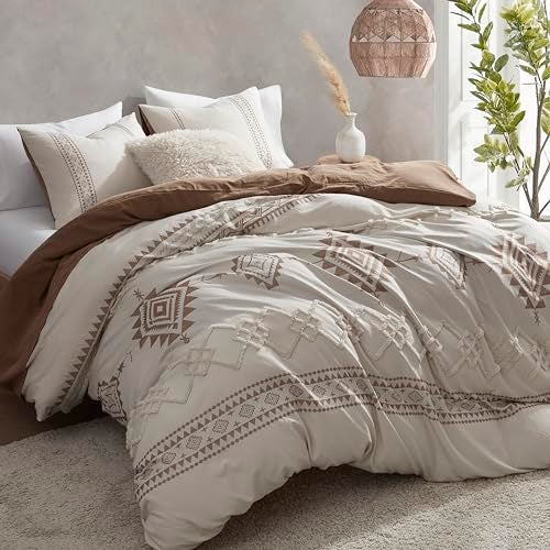Oli Anderson Boho Duvet Cover Set Queen Size, Beige and Terracotta Color Clash 3 Pieces Microfiber Bedding Set, Durable and Super Soft Duvet Covers with Zipper and Ties, 90"*90" - Image 2