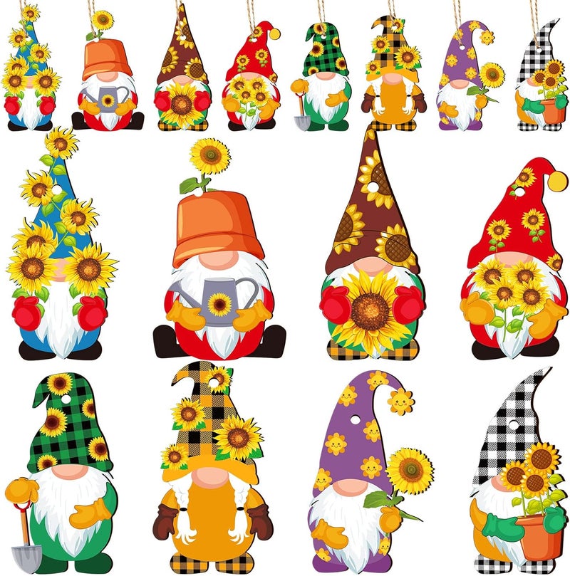 Kathfly 40 Pieces Sunflower Gnome Wooden Ornament Honeybee Hanging Pendant Spring Summer Gnomes Wood Sunflower Tree Decorations with Burlap Rope for Baby Shower Birthday Party Gift - Image 1