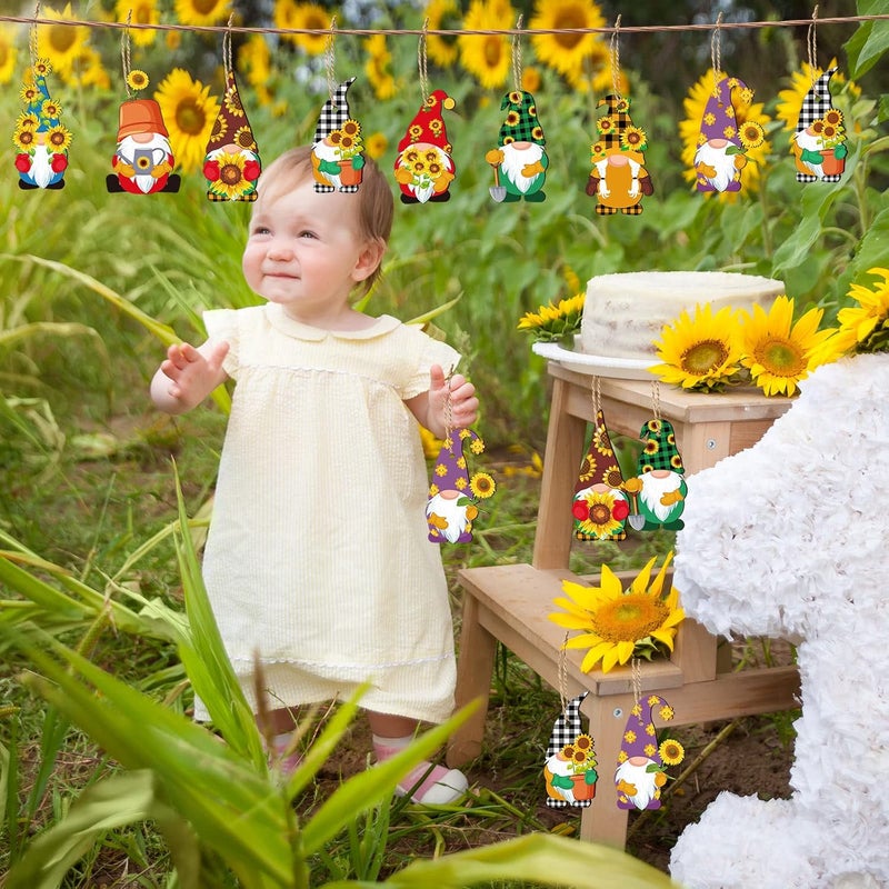 Kathfly 40 Pieces Sunflower Gnome Wooden Ornament Honeybee Hanging Pendant Spring Summer Gnomes Wood Sunflower Tree Decorations with Burlap Rope for Baby Shower Birthday Party Gift - Image 4