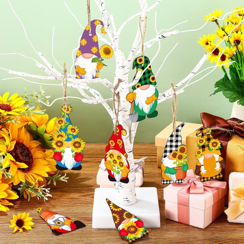 Kathfly 40 Pieces Sunflower Gnome Wooden Ornament Honeybee Hanging Pendant Spring Summer Gnomes Wood Sunflower Tree Decorations with Burlap Rope for Baby Shower Birthday Party Gift - Image 3