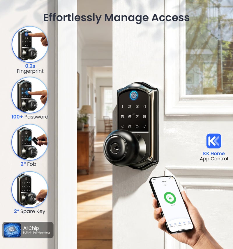 Veise VE018 Smart Knob Handle Lock - Fingerprint, App Control, Keyless Entry for Front Door and Bedroom, Electronic Digital Keypad, Auto Lock, Remote Access Sharing, IP55 Weatherproof, Matte Black - Image 2