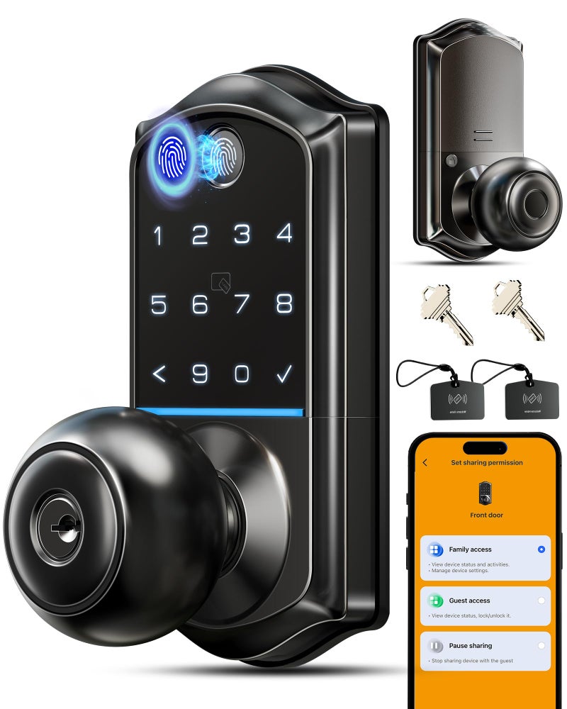 Veise VE018 Smart Knob Handle Lock - Fingerprint, App Control, Keyless Entry for Front Door and Bedroom, Electronic Digital Keypad, Auto Lock, Remote Access Sharing, IP55 Weatherproof, Matte Black - Image 1