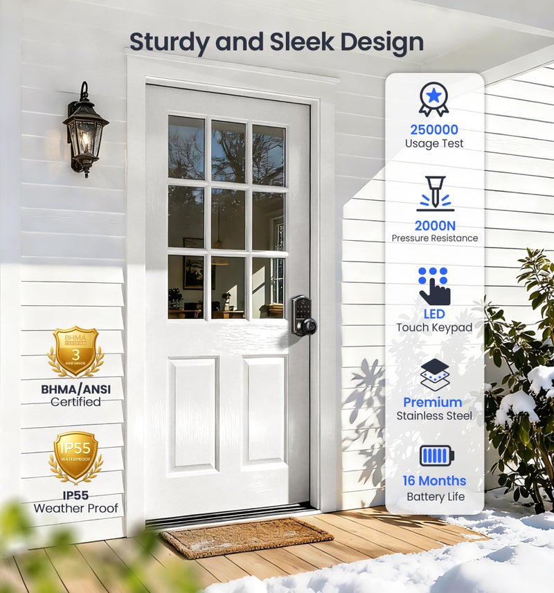 Veise VE018 Smart Knob Handle Lock - Fingerprint, App Control, Keyless Entry for Front Door and Bedroom, Electronic Digital Keypad, Auto Lock, Remote Access Sharing, IP55 Weatherproof, Matte Black - Image 5