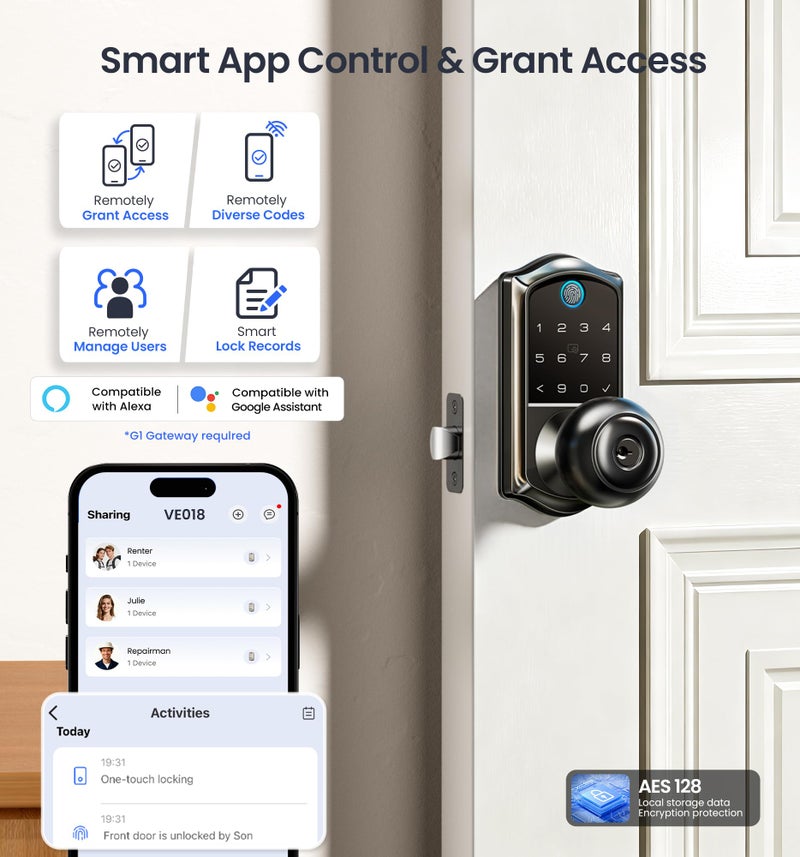 Veise VE018 Smart Knob Handle Lock - Fingerprint, App Control, Keyless Entry for Front Door and Bedroom, Electronic Digital Keypad, Auto Lock, Remote Access Sharing, IP55 Weatherproof, Matte Black - Image 3
