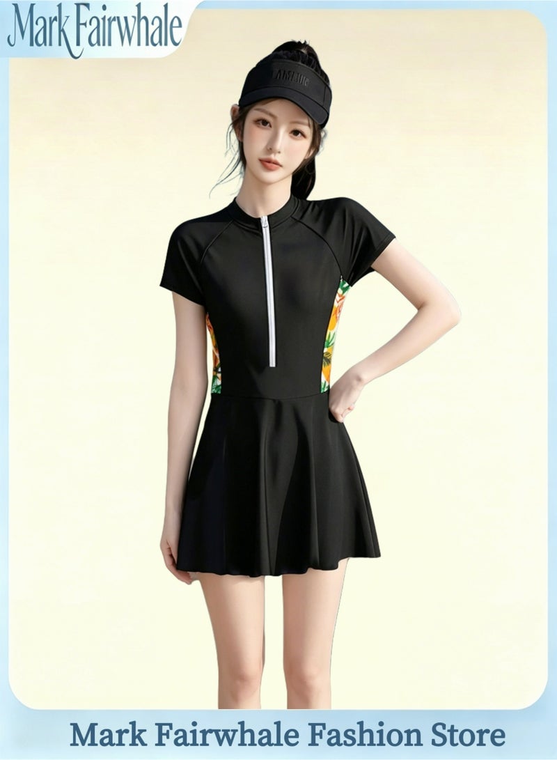 Mark Fairwhale Spliced Short Sleeved Front Zipper One-Piece Dress Swimsuit - Image 1