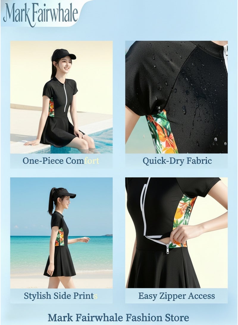 Mark Fairwhale Spliced Short Sleeved Front Zipper One-Piece Dress Swimsuit - Image 2