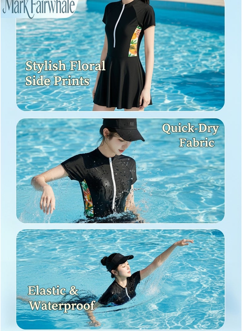Mark Fairwhale Spliced Short Sleeved Front Zipper One-Piece Dress Swimsuit - Image 5