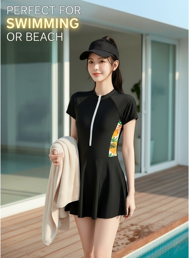 Mark Fairwhale Spliced Short Sleeved Front Zipper One-Piece Dress Swimsuit - Image 3