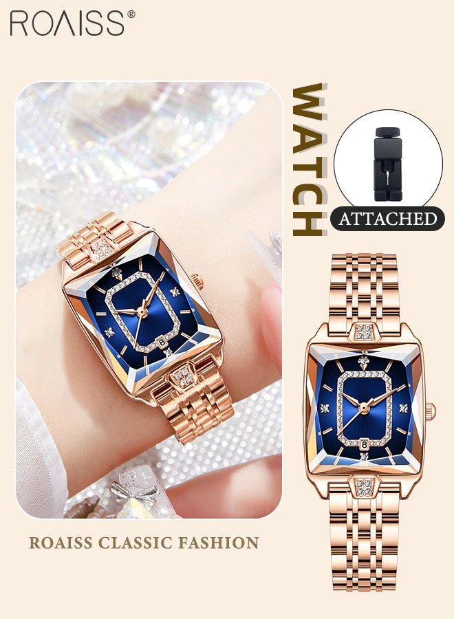 رويس ساعة كوارتز بسوار فولاذي باللون الذهبي الوردي للنساء، شاشة عرض تناظرية بمينا مستطيلة مع عرض للتقويم، ساعة يد فاخرة أنيقة مقاومة للماء ومتعددة الاستخدامات، هدية للسيدات - Image 1