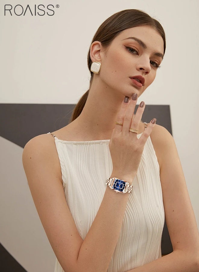 رويس ساعة كوارتز بسوار فولاذي باللون الذهبي الوردي للنساء، شاشة عرض تناظرية بمينا مستطيلة مع عرض للتقويم، ساعة يد فاخرة أنيقة مقاومة للماء ومتعددة الاستخدامات، هدية للسيدات - Image 2