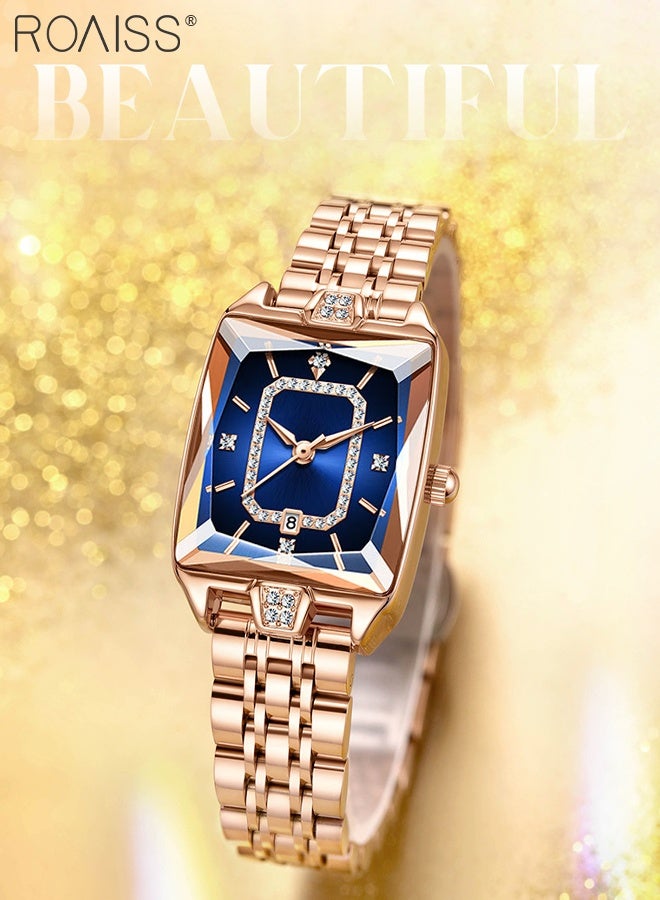 رويس ساعة كوارتز بسوار فولاذي باللون الذهبي الوردي للنساء، شاشة عرض تناظرية بمينا مستطيلة مع عرض للتقويم، ساعة يد فاخرة أنيقة مقاومة للماء ومتعددة الاستخدامات، هدية للسيدات - Image 4