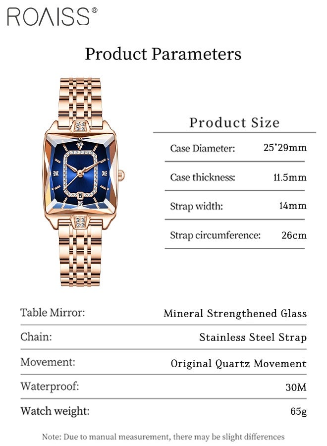 رويس ساعة كوارتز بسوار فولاذي باللون الذهبي الوردي للنساء، شاشة عرض تناظرية بمينا مستطيلة مع عرض للتقويم، ساعة يد فاخرة أنيقة مقاومة للماء ومتعددة الاستخدامات، هدية للسيدات - Image 3