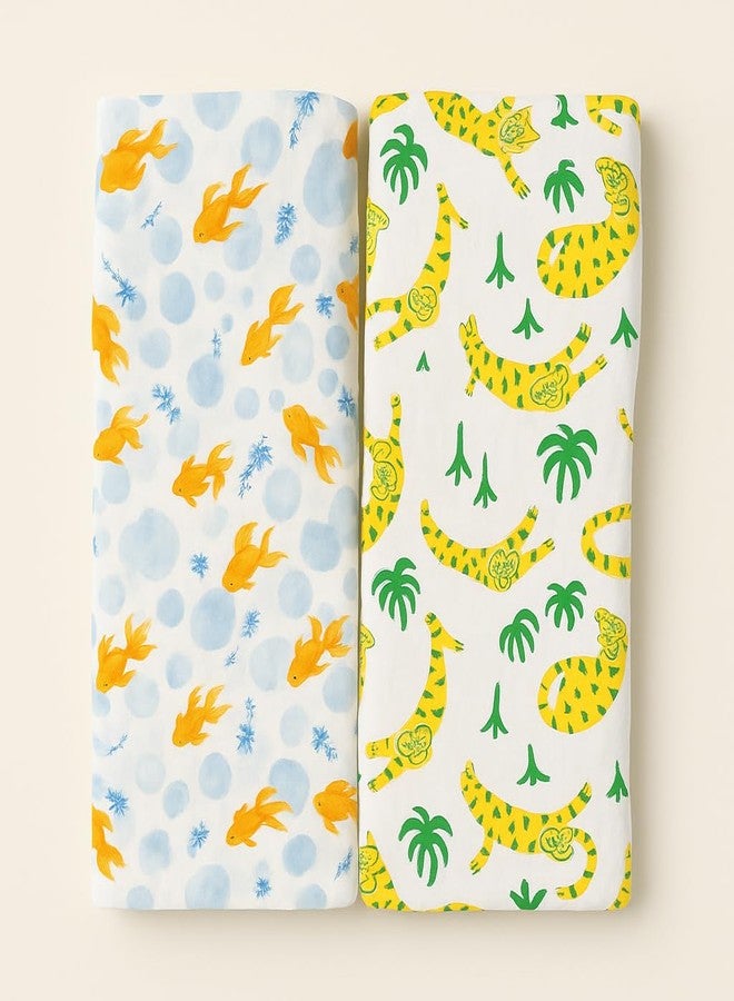Nestlooms 100% Organic Cotton Muslin Baby Burp Cloths (21 X 10 inches), Extra Absorbent Hankies & Napkins, Large Size Burping Cloth for Newborns & Infants (Combo of 2 Jungle Paws & Goldfish Bubbles) - Image 1