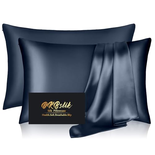 DKBslik Silk Pillow Cases 2 Pack, Mulberry Silk Pillowcases Standard Set of 2, Smooth, Anti Acne, Both Sides Natural Silk Satin Pillow Cases for Sleeping Women 2 Pack with Zipper, Mood Indigo - Image 1
